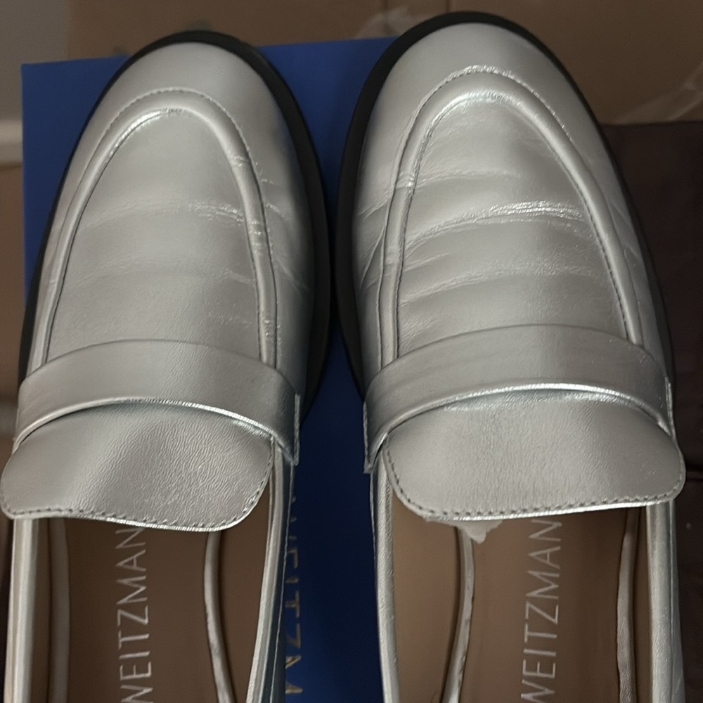 Stuart Weitzman Silver Loafers for Women, worn once, minor scuffs.